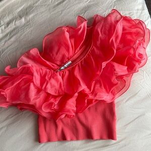 Zara Coral Red One-Shoulder Ruffle Crop Top